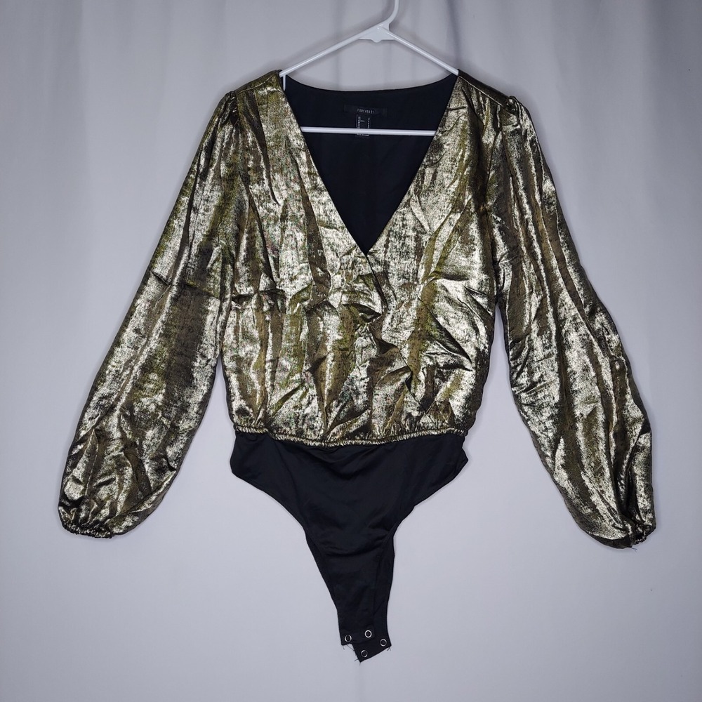 Forever 21 Gold Metallic Bodysuit Womens Small Vneck Puffed Long Sleeve Party